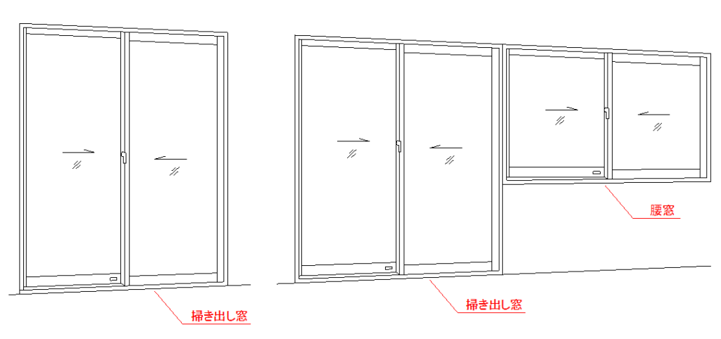 掃き出し窓とは-掃き出し窓単窓、掃き出し窓中連内観図