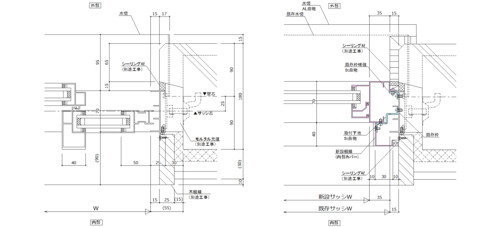 カバー工法-既存枠形状とカバー工法詳細図比較