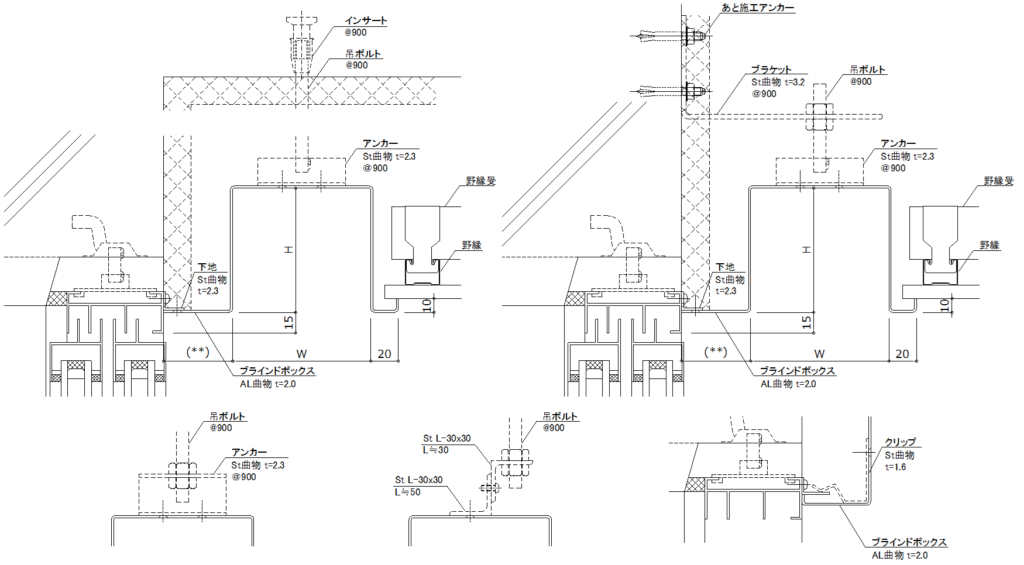 サッシ天井取り合い-アルミ曲物ブラインドボックス標準納まり