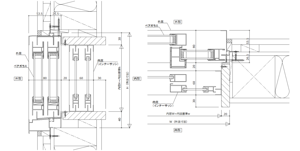 二重窓・内窓-樹脂内窓納まり詳細図