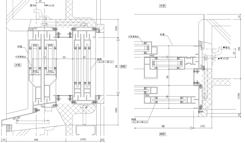 二重窓・内窓-アルミ防音内窓納まり詳細図