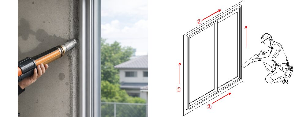 サッシモルタル、トロ詰め-モルタルガンの施工手順